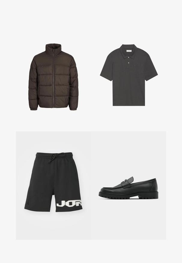 Chaqueta acolchada en marrón oscuro con un alto cuello, cremallera frontal completa y patrones de costura en cuadros. Los puños tienen bandas elásticas para un mejor ajuste.; Camisa polo gris oscuro con un cuello tradicional, tapeta de tres botones, mangas cortas y un bolsillo en el pecho izquierdo. Textura de tela suave.; Jordan Pantalones deportivos - black; Mocasines de cuero negro con punta redonda, que cuentan con un diseño cosido, suela de plataforma baja y una suela de goma texturada y con tacos.