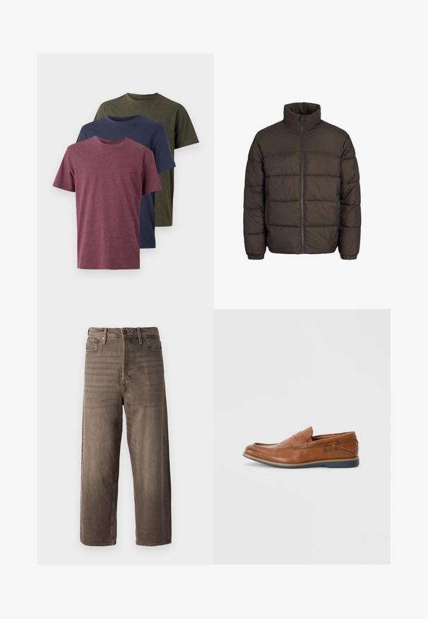 Tamsiai ruda pūkinė striukė su aukštu apykakle, viso palaidinės užtrauktuko ir išsiuvinėjimo siūlių raštais. Rankogaliai turi elastinius dirželius, kad geriau priglustų.; Trys medvilniniai marškinėliai: raudonai rudi, tamsiai mėlyni ir alyvmedžio žali. Apvalios apykaklės dizainas, trumpomis rankovėmis ir minkštu, tekstūruotu paviršiumi.; Rudos platūs džinsai, pagaminti iš džinsinio audinio. Yra užtrauktukas, diržo kilpos ir penki kišenės. Audinys atrodo išblukęs, su tekstūrine išvaizda.; Rudoni odiniai loaf'eriai su apvalia nosimi, siuvinėtomis detalėmis ir žema guminėmis pakulne. Dizainas turi juostą per viršutinę dalį.