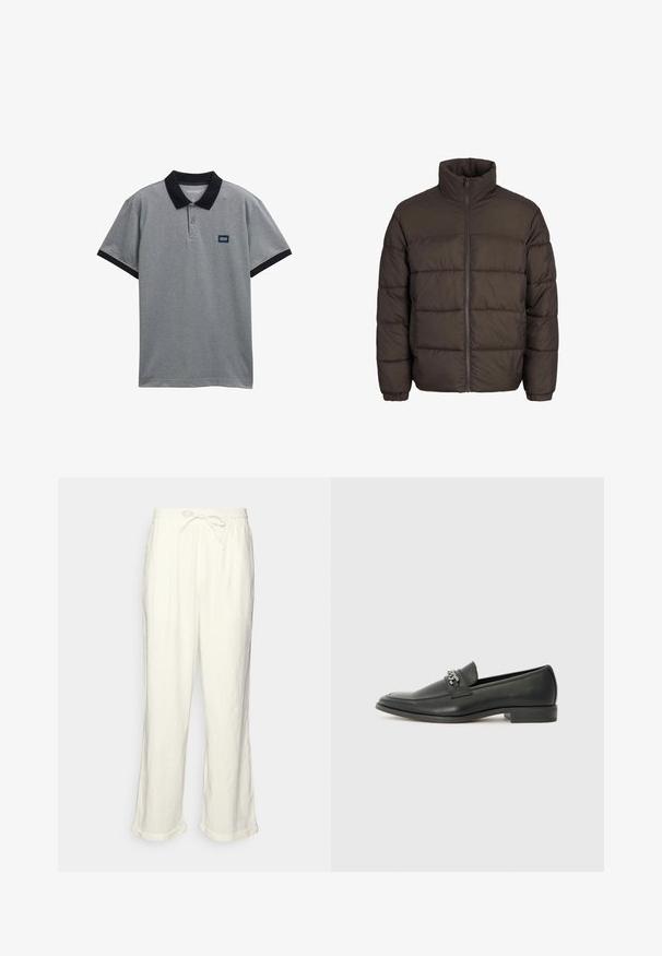 Tumes puffer jakk tumedas pruunis, kõrge kraega, täis esi-lukk ja õmmeldud mustrid. Varrukatel on sobivuse tagamiseks elastsed ribad.; Hallhalli polo särk musta kaeluse ja varruka aktsentidega. Omab kolme nupuga sulgemist ja väikest logotaskut rinnas. Puuvilla segu kangas.; Lina püksid tühjas valges, millel on paelaga vöökoht, veidi laiemad sääred ja keeratud varrud mugavaks istumiseks. Taskud puuduvad.; Must haveate nahkking punased, millel on sile viimistlus, tikitud muster ja dekoratiivne metallkett vampi üle. Tasane konts.