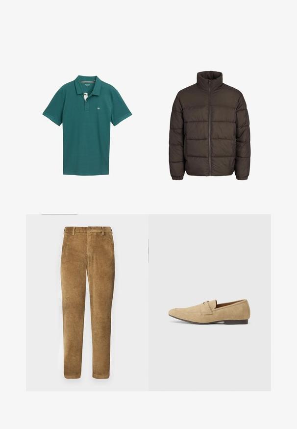 Světle hnědá puffer bunda s vysokým límcem, plným předním zipem a prošíváním v tvaru mřížky. Rukávy mají elastické manžety pro lepší přiléhavost.; Tyrkysové polo tričko z prodyšného materiálu, se třemi knoflíky, krátkými rukávy a nenápadným logem na prsou.; Hnědé kordové kalhoty s vertikálním žebrovaným vzorem, rovný střih, zapínání na knoflíky a poutka na opasek. Hladká látka s jemným povrchem.; Semišové loafery v béžové barvě s mírným leskem, s kulatou špičkou, snadným obouváním a nízkým hnědým podpatkem. Jemné detaily šití.