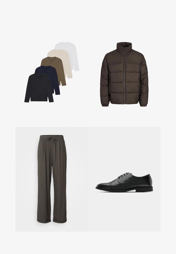 Giubbotto piumino marrone scuro con collo alto, zip centrale totale e motivo di cuciture a baffle. I polsini sono dotati di bande elastiche per una vestibilità ottimale.; Cinque camicie a maniche lunghe in una gradazione di colori: blu scuro, blu, verde oliva, beige e bianco. Ognuna ha un collo rotondo e una texture liscia.; Pantaloni a gamba larga grigio scuro con vita regolabile, realizzati in un morbido tessuto testurizzato, con risvolti alle caviglie.; Scarpa da uomo in pelle nera con punta rotonda, design con lacci, dettagli di cucitura discreti e tacco basso. Texture liscia con finitura lucida.