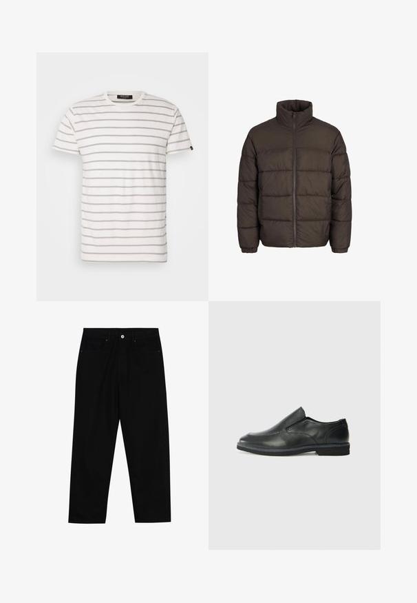Puffjacka i mörkbrunt med hög krage, fullständig dragkedja fram och baffelsömnadsmönster. Ärmarna har elastiska band för en bra passform.; Kortärmad t-shirt med rund hals i vitt med växlande grå ränder. Mjuk tygkvalitet med normal passform och rak nederkant. Varumärkesetikett på sidan.; Svarta denimbyxor med rak passform, femficksdesign och framknäppning. Slät textur med minimala sömdetaljer.; Svart lädersko i slip-on-modell med en slät ovandel, sömnadsdetaljer, rund tå och låg gummihäl. Sulan har minimal mönstring.