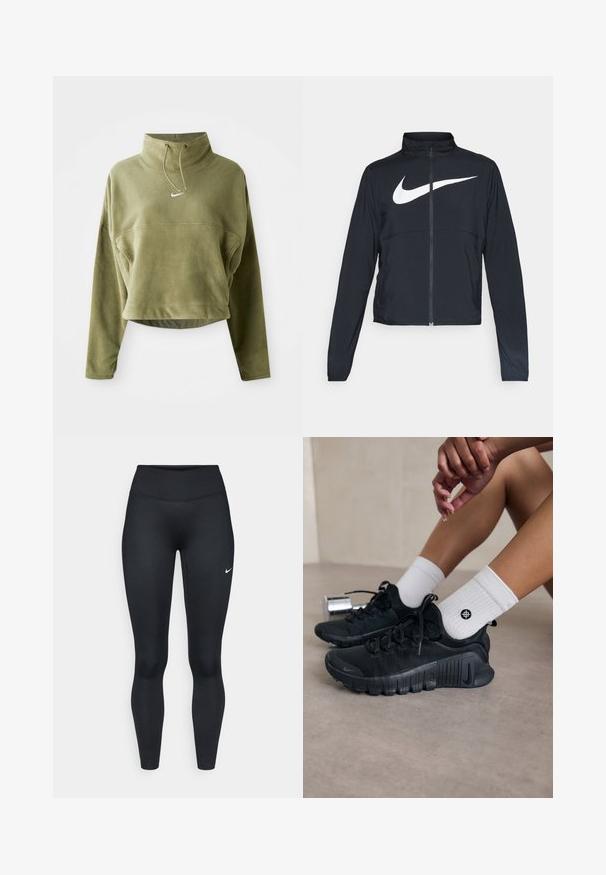 Zwarte sportjas met volledige rits, hoge kraag, lange mouwen en groot wit Nike swoosh-logo op de borst.; Olijfgroen gecropte fleecetopper met hoge nek, trekkoord en logo aan de voorkant. Heeft lange mouwen en een gestructureerde afwerking.; Zwarte atletische leggings gemaakt van rekbare stof met een hoge tailleband, met een klein wit Nike-logo op de linker dij.; Zwarte sport schoenen van een gestructureerde stof, met vetersluiting en een opvallende zool, gecombineerd met witte geribbelde sokken met een klein logo.