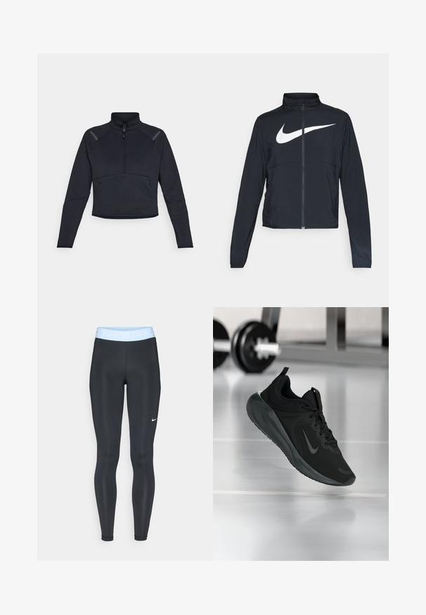 Černá sportovní bunda na zip s vysokým límcem, dlouhými rukávy a velkým bílým logem Nike swoosh přes prsa.; Tmavě námořnický sportovní pulovr s vysokým límcem, zipem a dlouhými rukávy. Má kontrastní panelové akcenty na ramenou a zkrácený střih.; Černé sportovní legíny s bleděmodrým pasem, na kterém je text "NIKE PRO"; hladká textura a přiléhavý střih. Bílý logo Nike na levé straně.; Černé sportovní tenisky s logem Nike, zobrazené ve vzduchu na podlaze tělocvičny, s rozostřeným regálem s činkami na pozadí.