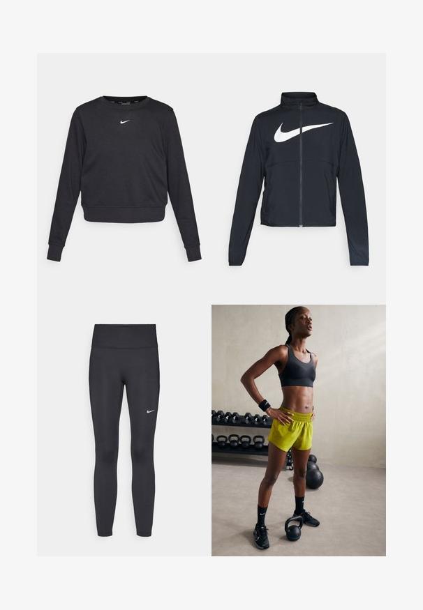 Czarna bluza sportowa na zamek błyskawiczny z wysokim kołnierzem, długimi rękawami i dużym białym logo Nike na klatce piersiowej.; Czarny skrócony sweatshirt z długimi rękawami, z prążkowanymi mankietami i dołem, z małym białym logo Nike umieszczonym na środku klatki piersiowej. Miękka struktura tkaniny.; Czarne legginsy z elastycznego materiału, z wysokim pasem i białym logo Nike na lewym udzie. Gładka tekstura, dopasowany krój.; Czarny stanik sportowy, jasne żółte szorty z elastycznym pasem, czarne buty sportowe i opaski na nadgarstki, stojące obok kettlebelli.