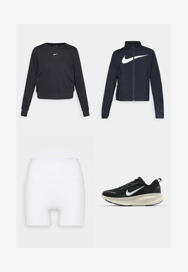 Svart joggebund med hel glidelås, høy krage, lange ermer og stort hvitt Nike swoosh-logo over brystet.; Svart kortermet genser med lange ermer, ribbestrikkede mansjetter og hem, med en liten hvit Nike-logo sentrert på brystet. Myk stoffstruktur.; Hvite høyt midjeforfatne shorts laget av stretch-stoff. Har en jevn tekstur og en tettsittende design, uten ekstra mønstre eller utstyr.; Svart Nike løpesko med pustende mesh-overdel, hvit swoosh-logo, teksturert detaljer og en kremfarget ZoomX mellomsåle.