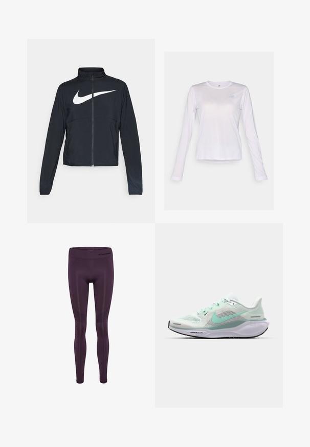 Czarna bluza sportowa na zamek błyskawiczny z wysokim kołnierzem, długimi rękawami i dużym białym logo Nike na klatce piersiowej.; New Balance - Bluzka z długim rękawem; Fioletowe legginsy sportowe wykonane z elastycznego materiału, z wysokim stanem i subtelnymi teksturowanymi wzorami po bokach.; Lekkie buty biegowe z przewiewną siateczką w kolorze białym i miętowym. Posiadają akcenty TPU, wyściełaną podeszwę oraz teksturowaną podeszwę zewnętrzną.