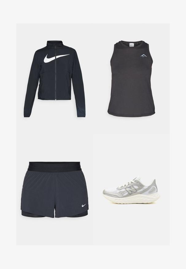 Black full-zip sports jacket with high collar, long sleeves, and large white Nike swoosh logo across the chest.; Black athletic tank top with a round neckline, featuring a small blue logo on the chest and smooth, lightweight fabric.; Black athletic shorts with an elastic waistband, featuring a layered design and a small white Nike logo on the lower left. Lightweight material.; Grey and white mesh running shoes with a cushioned sole. Features include a textured upper, lace closure, and a prominent brand logo.
