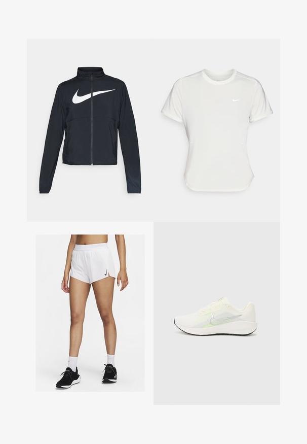 Crna sportska jakna s punim patentnim zatvaračem, visokim ovratnikom, dugim rukavima i velikim bijelim Nike swoosh logom preko grudi.; Nike majica u bijeloj boji, kratkih rukava, okruglog izreza, izrađena od glatkog, laganog materijala. Sadrži diskretni логотип na prsima.; Bijele sportske kratke hlače s rebrastim pojasom, bočnim prorezima i crnim logotipom Nike. Nošene s crnim tenisicama i bijelim čarapama do sredine lista.; Nike Performance DOWNSHIFTER 13 - Tenisice za cestovno trčanje - sail/silver-coloured photon dust/summit white/barely volt/black