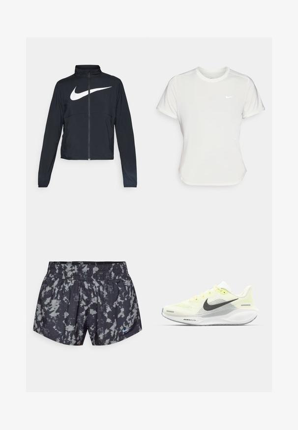 Schwarze Sportjacke mit vollem Reißverschluss, hohem Kragen, langen Ärmeln und großem weißen Nike-Swoosh-Logo auf der Brust.; Nike T-Shirt in Weiß, mit kurzen Ärmeln und rundem Kragen, aus einem glatten, leichten Stoff gefertigt. Verfügt über ein dezentes Logo auf der Brust.; Schwarz-graue Batik-Trainingsshorts mit elastischem Bund und kleinem blauen Nike-Logo auf der unteren rechten Seite.; Nike Laufschuhe mit einem hellgelben und weißen Mesh-Obermaterial, grauen Akzenten und einer flexiblen Gummisohle. Verfügt über einen Schnürverschluss.