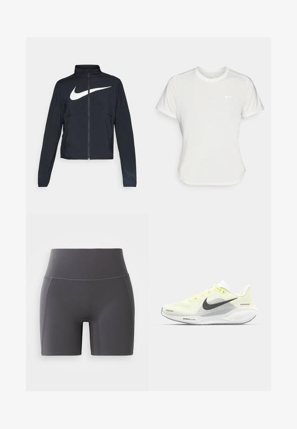 Musta urheilutakki, jossa on täysivetoketju, korkea kaulus, pitkät hihat ja suuri valkoinen Nike-tikkauksella rintaosa.; Nike T-paita valkoisena, lyhythihaisena, pyöreällä kaula-aukolla, valmistettu sileästä, kevyestä kankaasta. Rinnassa on huomaamaton logo.; Harmaat urheilushortsit, joissa on korkea vyötärö, valmistettu sileästä ja joustavasta kankaasta. Ominaisuuksiin kuuluvat litteät saumat ja tiukka muotoilu.; Nike juoksukengät, joissa on vaaleankeltainen ja valkoinen verkko-osa, harmaita yksityiskohtia ja joustava kumipohja. Varusteet nauhakiinnityksellä.