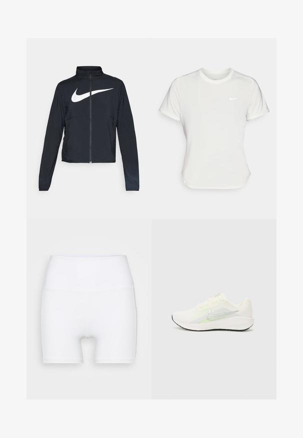 Czarna bluza sportowa na zamek błyskawiczny z wysokim kołnierzem, długimi rękawami i dużym białym logo Nike na klatce piersiowej.; Koszulka Nike w kolorze białym, z krótkimi rękawami, okrągłym dekoltem, wykonana z gładkiego, lekkiego materiału. Posiada subtelne logo na piersi.; Białe szorty z wysokim stanem wykonane z elastycznej tkaniny. Charakteryzują się gładką teksturą i dopasowanym krojem, bez dodatkowych wzorów czy elementów metalowych.; Nike Performance DOWNSHIFTER 13 biały