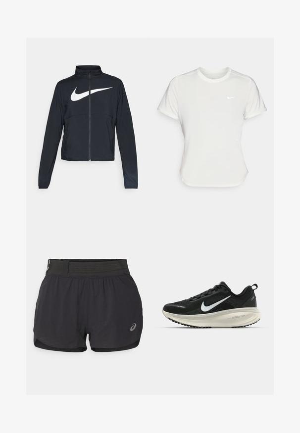Črna športna jakna z polnim zadrgo, visokim ovratnikom, dolgimi rokavi in velikim belim logotipom Nike swoosh čez prsi.; Nike majica v beli barvi, kratki rokavi, okrogla izrezana vrata, izdelana iz gladkega, lahkotnega materiala. Značilna je subtilna logo na prsnem delu.; Črne tekaške kratke hlače z mrežastim pasom, z gladko teksturo, kratko dolžino in majhnimlogotipom na spodnji desni strani.; Črne Nike tekaške čevlje z zračno mrežno zgornjim delom, belim logotipom Swoosh, teksturiranimi detajli in smetanasto barvnim srednjim delom ZoomX.