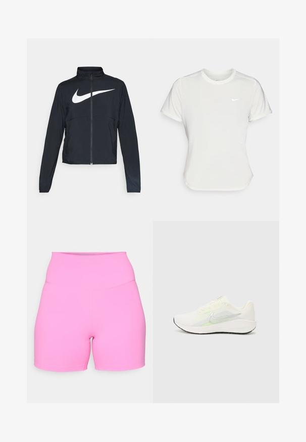 Black full-zip sports jacket with high collar, long sleeves, and large white Nike swoosh logo across the chest.; Nike T-shirt in white, short sleeves, round neckline, made from a smooth, lightweight fabric. Features a subtle logo on the chest.; Pink high-waisted shorts made of stretchy fabric, featuring a smooth texture and short leg length, with flat seams for comfort.; Nike Performance DOWNSHIFTER 13 - Road running shoes - sail/silver-coloured photon dust/summit white/barely volt/black