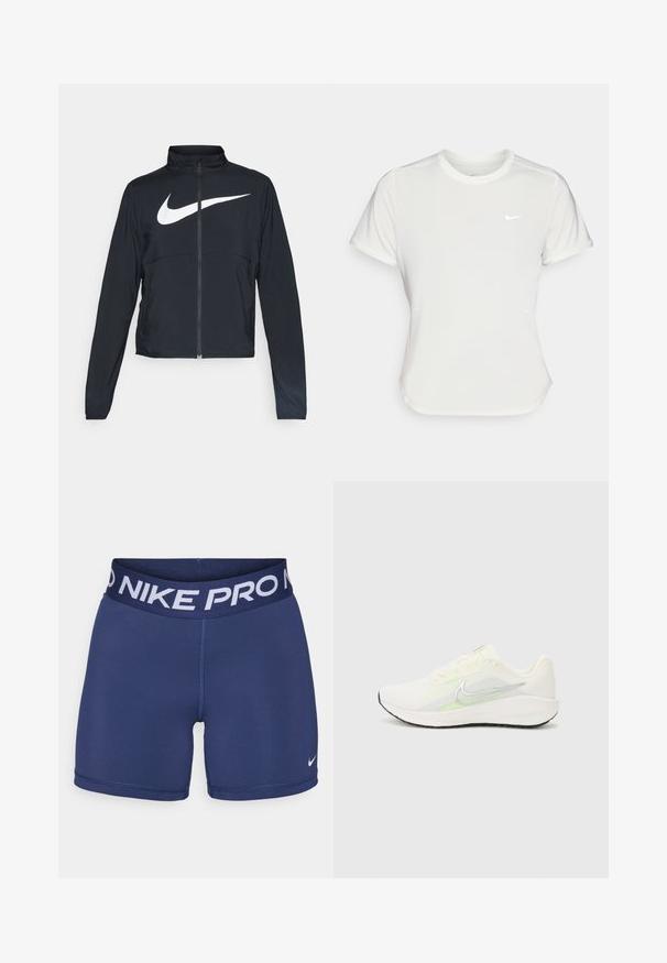 Chaqueta deportiva negra de cremallera completa con cuello alto, mangas largas y gran logo de Nike en blanco en el pecho.; Camiseta Nike en blanco, de manga corta, escote redondo, hecha de una tela suave y ligera. Presenta un logo sutil en el pecho.; Bermudas Nike Pro en azul marino con una cinturilla ancha que presenta el texto blanco "NIKE PRO" y un pequeño logo blanco en la parte inferior derecha. Textura de tela suave.; Nike Performance DOWNSHIFTER 13 - Zapatillas running asfalto - sail/silver-coloured photon dust/summit white/barely volt/black