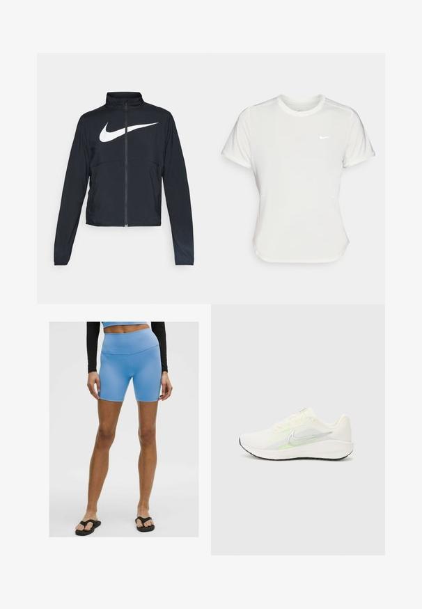 Zwarte sportjas met volledige rits, hoge kraag, lange mouwen en groot wit Nike swoosh-logo op de borst.; Nike T-shirt in het wit, korte mouwen, ronde halslijn, gemaakt van een gladde, lichte stof. Bevat een subtiele logo op de borst.; Lichtblauwe sportshorts van soepel, rekbaar materiaal. Heeft een hoge taille en een aansluitend ontwerp, gecombineerd met zwarte slippers.; Nike Performance DOWNSHIFTER 13 - Hardloopschoenen voor op de weg - sail/silver-coloured photon dust/summit white/barely volt/black