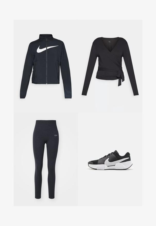Giacca sportiva nera con zip completa, colletto alto, maniche lunghe e grande logo swoosh bianco Nike sul petto.; Top avvolgente nero a maniche lunghe con scollatura a V, dotato di un legaccio laterale. Realizzato in tessuto morbido e liscio con una silhouette aderente.; Leggings a vita alta, grigio scuro, realizzati in un tessuto elastico con una texture liscia; presenta un piccolo logo sul lato sinistro.; Scarpe sportive in bianco e nero con una parte superiore testurizzata, un prominente swoosh Nike e un design della suola a contrasto per una migliore aderenza e stabilità.