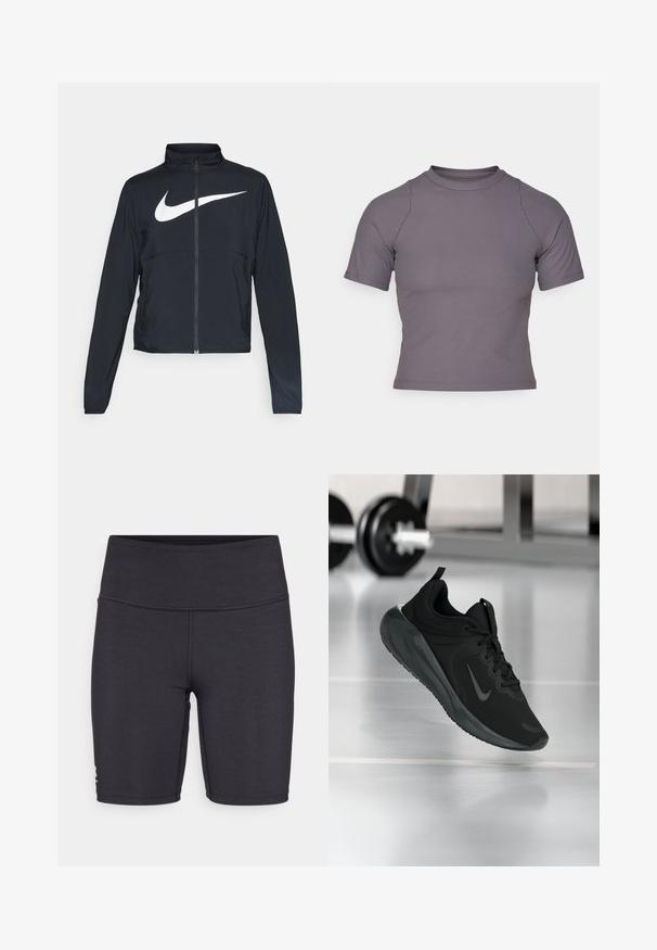 Črna športna jakna z polnim zadrgo, visokim ovratnikom, dolgimi rokavi in velikim belim logotipom Nike swoosh čez prsi.; Majica kratkih rukavov z visokim ovratnikom iz rebraste sivo tkanine. Prilagojena zasnova z ravnimi šivi in gladko teksturo. Brez vzorcev ali grafik.; Črne atletske hlače iz raztegljive tkanine, s visokim pasom in podrobnostmi flatlock šivanja. Zasnovane za udobje in mobilnost.; Črne športne teniske z logotipom Nike, prikazane v zraku na telovadni talni površini, v ozadju pa zamegljena vrsta uteži.