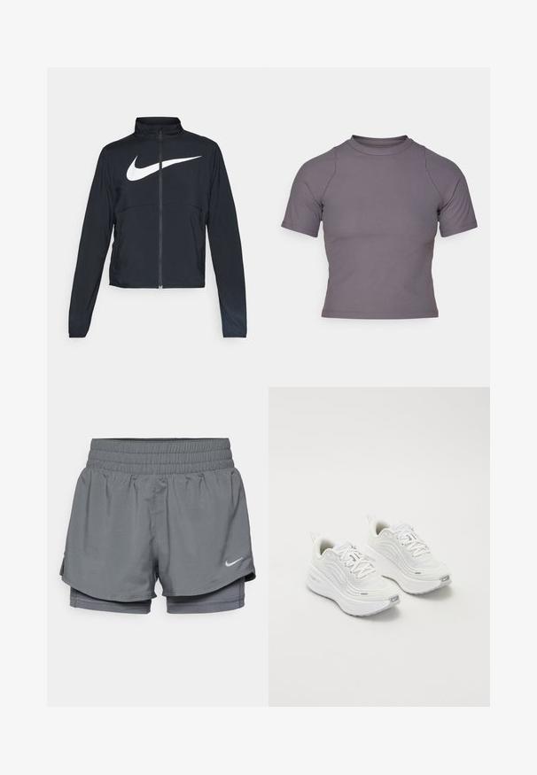Melnā sporta jaka ar pilnu rāvējslēdzēju, augstu apkakli, garām piedurknēm un lielu baltu Nike swoosh logotipu krūšu daļā.; Kratka piedurkņu augsta kakla blūze riboto pelēko audumu. Pieguļošs dizains ar plakaniem šuvēm un gludu tekstūru. Nav rakstu vai grafikas.; Nike Performance ONE - Šorti “divi vienā” - iron grey/reflective silver; Baltas sporta apavi ar teksturētu sieta augšdaļu, mīkstinātu zoli un smalkiem pelēkiem akcentiem. Iekļauj zīmolu un cilpu papēža cilpu vieglai uzvilkšanai.