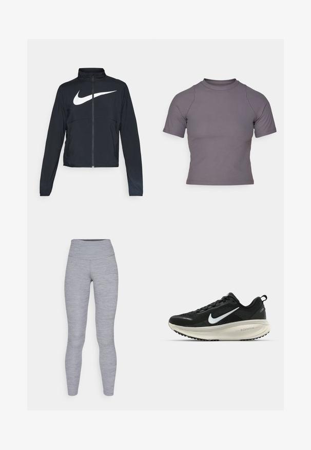 Crna sportska jakna s punim patentnim zatvaračem, visokim ovratnikom, dugim rukavima i velikim bijelim Nike swoosh logom preko grudi.; Majica kratkih rukava s visokim ovratnikom od rebrastog, sivog materijala. Prilagođeni dizajn s ravnim šavovima i glatkom teksturom. Nema uzoraka niti grafika.; Sive tajice za sport s visokim strukom, izrađene od teksturirane tkanine s suptilnim melangiranim uzorkom. Pristajajući silueta.; Crne Nike trkačke tenisice s prozračnom mrežastom gornjom konstrukcijom, bijelim swoosh logotipom, teksturiranim detaljima i kremastom ZoomX srednjom potplatnom jedinicom.