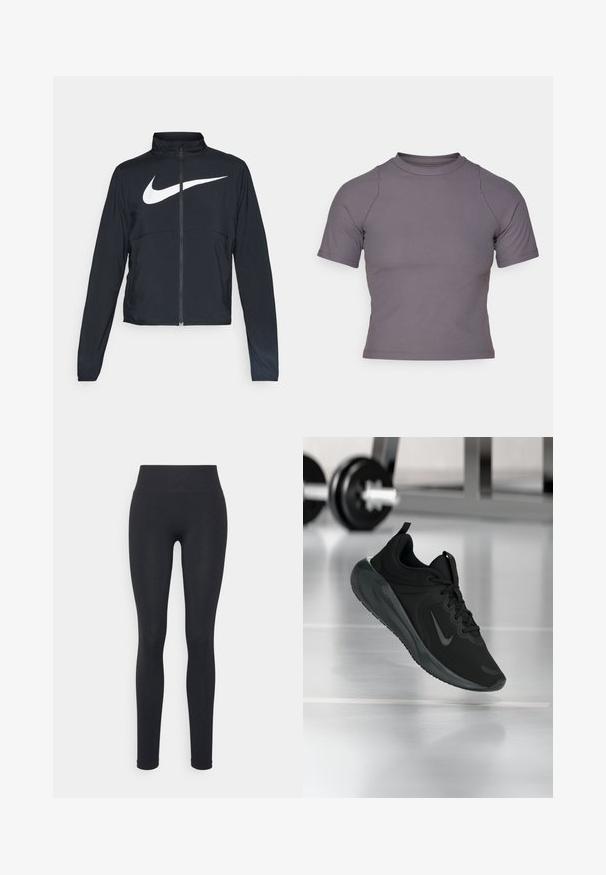 Črna športna jakna z polnim zadrgo, visokim ovratnikom, dolgimi rokavi in velikim belim logotipom Nike swoosh čez prsi.; Majica kratkih rukavov z visokim ovratnikom iz rebraste sivo tkanine. Prilagojena zasnova z ravnimi šivi in gladko teksturo. Brez vzorcev ali grafik.; Črne legice z visokim pasom, ki se ponašajo z gladko teksturo in tesno prileganje. Brez vidnih vzorcev ali kovinskih detajlov.; Črne športne teniske z logotipom Nike, prikazane v zraku na telovadni talni površini, v ozadju pa zamegljena vrsta uteži.