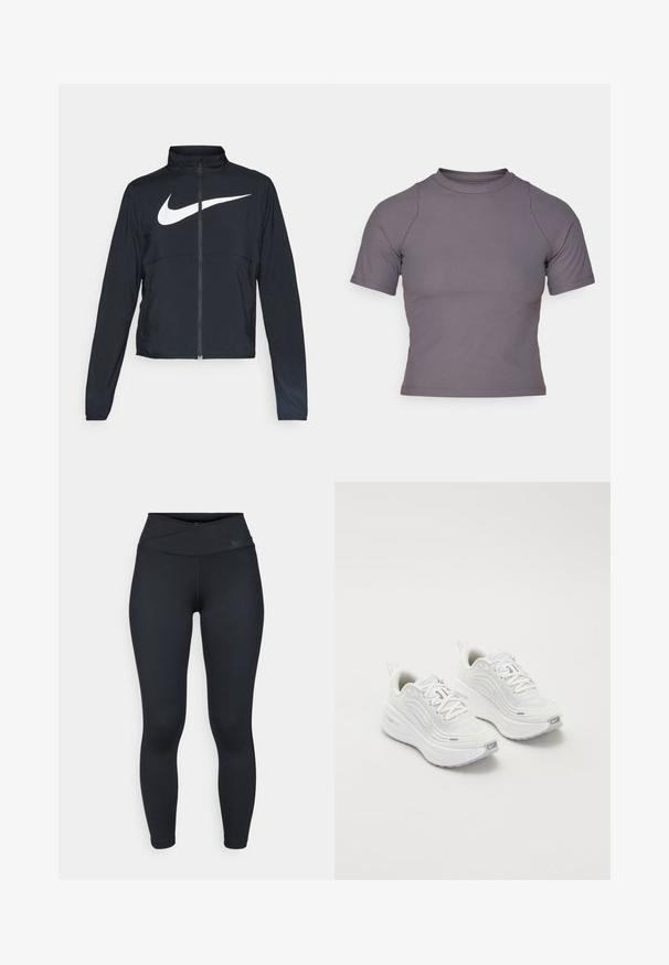 Crna sportska jakna s punim patentnim zatvaračem, visokim ovratnikom, dugim rukavima i velikim bijelim Nike swoosh logom preko grudi.; Majica kratkih rukava s visokim ovratnikom od rebrastog, sivog materijala. Prilagođeni dizajn s ravnim šavovima i glatkom teksturom. Nema uzoraka niti grafika.; Crne tajice s visokim, preklopnim strukom. Napravljene od glatkog, rastezljivog materijala. Imaju minimalno obilježavanje u blizini struka i prilagođeni kroj.; Bijele sportske tenisice s teksturiranim mrežastim gornjim dijelom, podstavljenom potplatom i suptilnim sivim naglascima. Uključuju brendiranje i petlju na peti za lakše obuvanje.