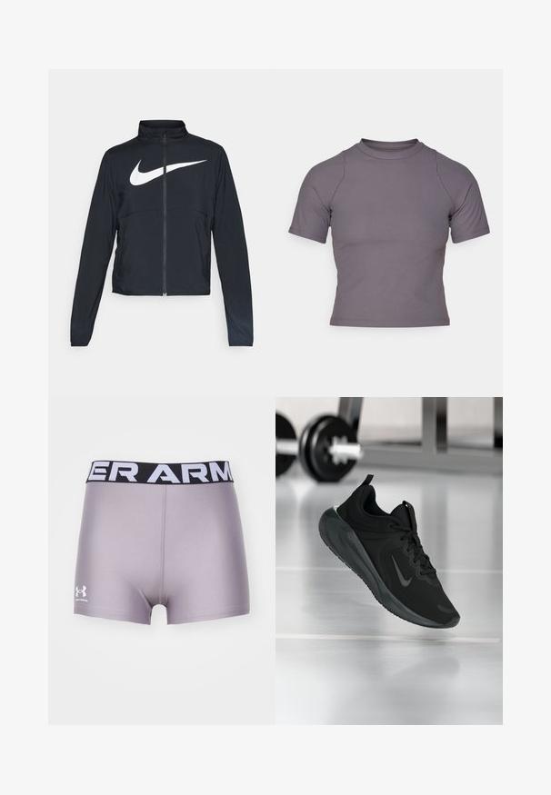 Crna sportska jakna s punim patentnim zatvaračem, visokim ovratnikom, dugim rukavima i velikim bijelim Nike swoosh logom preko grudi.; Majica kratkih rukava s visokim ovratnikom od rebrastog, sivog materijala. Prilagođeni dizajn s ravnim šavovima i glatkom teksturom. Nema uzoraka niti grafika.; Sive atletske kratke hlače s crno-bijelim pojasom "UNDER ARMOUR". Izrađene od glatke tkanine, imaju kratki kroj i logo sa strane.; Crna sportska tenisica s Nike logotipom, prikazana u zraku na podu teretane, s mutnom stalcem za bučice u pozadini.