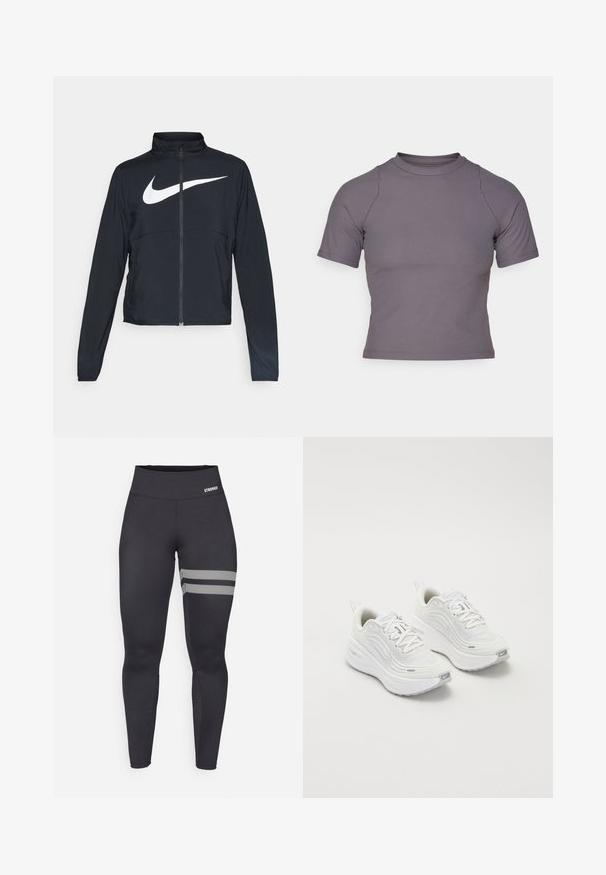 Must musta täispikk vary hoodie kõrge krae, pikad varrukad ja suur valge Nike swooshi logo rinnal.; Lühikeste varrukatega kõrge kaelusega topp ribaliselt hallist kangast. Üks liigend disain siledate õmblustega ja sujuva tekstuuriga. Mustrit ega graafikat ei ole.; Musthave mustriga sportlikud retuusid, millel on kõrge vöökoht ja kaks valget diagonaalset triipu paremal reiel ning väike "STRONGER" logo vöökohtadel.; Valged spordijalatsid, millel on tekstureeritud võrkkangas üst, pehme tallaga ja peened hallid aktsendid. Kaasas bränding ja aasaga kannaaken mugavaks selga panemiseks.