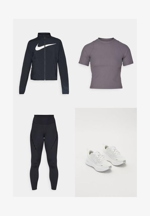Giacca sportiva nera con zip completa, colletto alto, maniche lunghe e grande logo swoosh bianco Nike sul petto.; Top a maniche corte e collo alto in tessuto grigio a costine. Design aderente con cuciture piatte e una texture liscia. Senza motivi né grafiche.; Leggings neri con vita alta, caratterizzati da dettagli a taglio lungo i lati e un tessuto liscio e elastico per il massimo comfort.; Scarpe da ginnastica bianche con tomaia in rete testurizzata, suola ammortizzata e sottili dettagli grigi. Comprendono il branding e una linguetta sul tallone per una facile calzata.