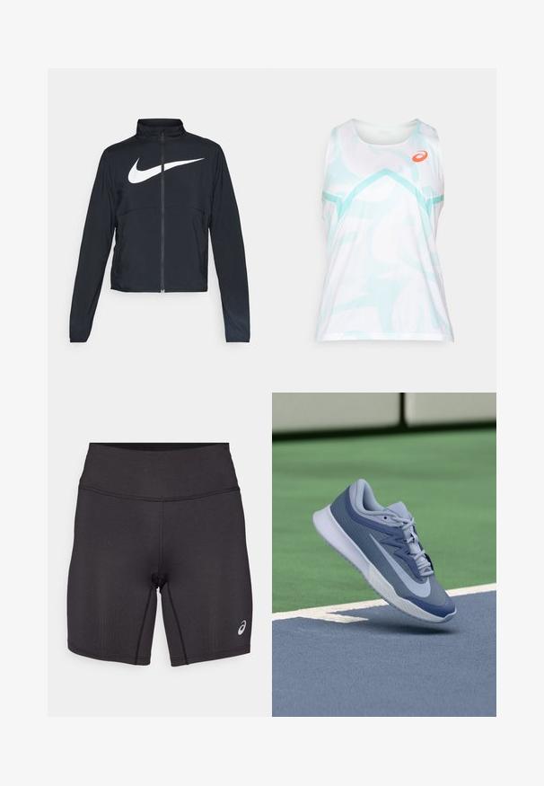 Veste de sport noire zippée sur toute la longueur avec un col haut, des manches longues et un grand logo Nike swoosh blanc sur la poitrine.; Débardeur blanc avec un motif abstrait bleu clair, présentant un col rond et un design sans manches. Logo orange sur le côté supérieur gauche.; Shorts de sport noirs avec une texture lisse, un design ajusté et une taille haute. Ils présentent des coutures contrastantes et un petit logo sur la jambe inférieure.; Basket en toile bleu clair et marine, dotée d'une tige texturée, de lacets plats et d'une semelle blanche légère. Élevée au-dessus d'une surface de terrain.
