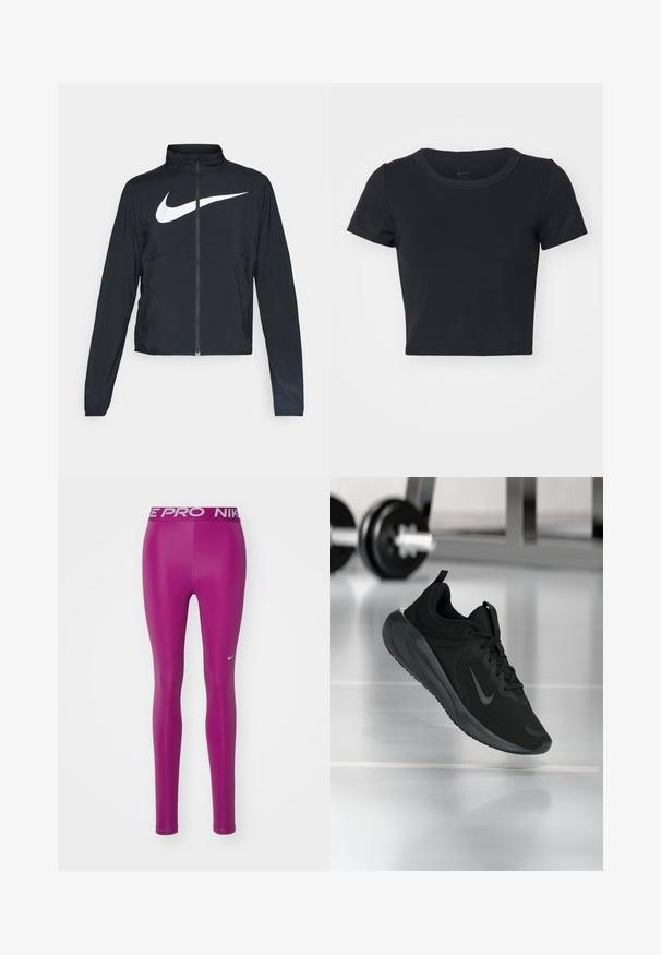 Must musta täispikk vary hoodie kõrge krae, pikad varrukad ja suur valge Nike swooshi logo rinnal.; Musthave musta lühike T-särk, mis on valmistatud pehmest ja venivast kangast. Omab ümmargust kaelust ja lühikesi varrukaid, lihtsa disainiga.; Nike Performance 365 - Retuusid - hot fuchsia/white; Mustad mustang spordijalatsid Nike logo'ga, õhus spordisaali põrandal, häguste hantlite riiulitega taustal.