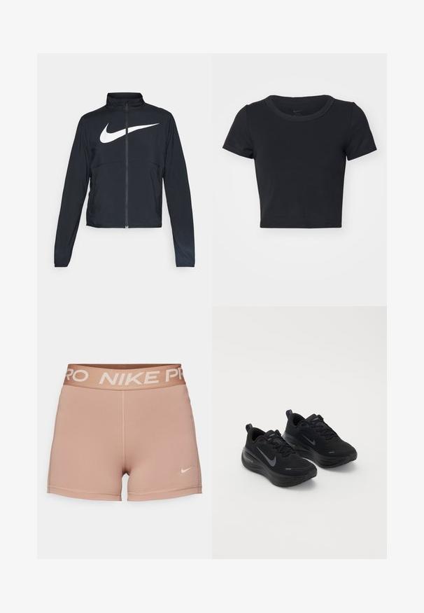 Fekete, teljes cipzáros sportdzseki magas gallérral, hosszú ujjal, amelyen egy nagy, fehér Nike logó található a mellkason.; Fekete, rövid fazonú póló, puha, rugalmas anyagból készült. Kerek nyakkivágással és rövid ujjakkal rendelkezik, egyszerű dizájnnal.; Nike Pro rövidnadrág, világos bézs, rugalmas derékpánton "NIKE PRO" felirattal bézs színben, sima textúrájú anyag, testhezálló kialakítás, minimalista varrási részletek.; Fekete sportcipők strukturált felsőrésszel, fűzős kialakítással és vastag, párnázott talppal. Minden oldalon szürke Nike logó található.