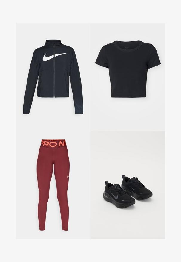 Črna športna jakna z polnim zadrgo, visokim ovratnikom, dolgimi rokavi in velikim belim logotipom Nike swoosh čez prsi.; Črna kratka majica iz mehkega, raztegljivega materiala. Ima okroglo izrezan ovratnik in kratke rokave s preprostim dizajnom.; Burgundske leggice s širokim pomarančastim pasom "PRO NIKE". Narejene iz raztegljivega materiala, z majhnim belim logotipom Nike na spodnjem delu noge.; Črne športne čevlje z teksturirano zgornjico, zasnovo na vezalke in debelim, blaženim podplatom. Na vsaki strani se nahaja sivi Nike logo.