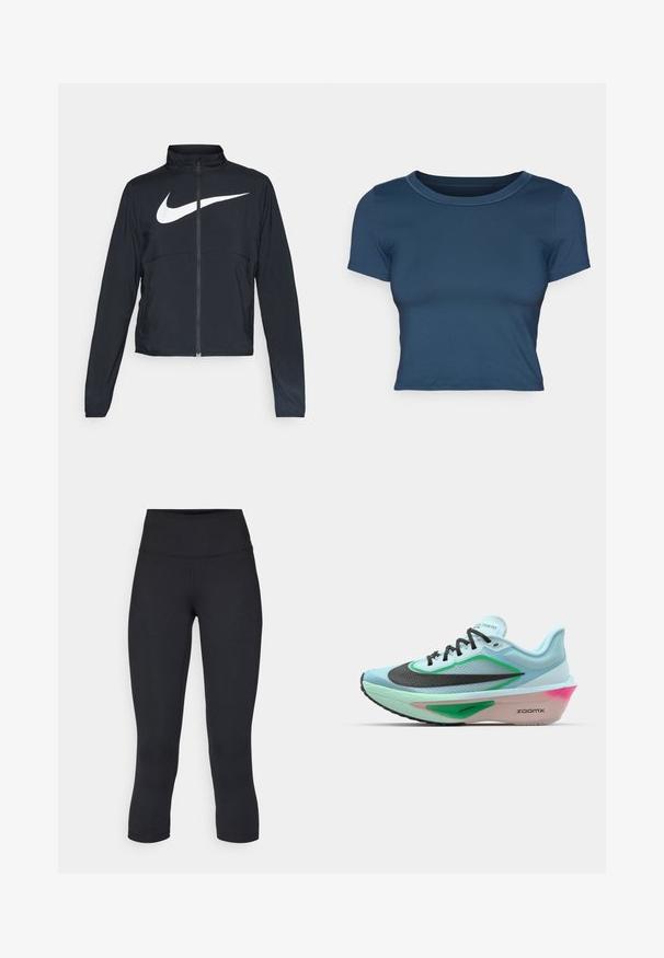 Juodas sportinis džemperis su visiškai užtraukiama užtrauktuku, aukšta apykakle, ilgomis rankovėmis ir dideliu baltu Nike swoosh logotipu per krūtinę.; Jūros mėlynos spalvos trumpa palaidinė, pagaminta iš lygaus, elastingo audinio. Yra apvalios iškirptės ir trumpomis rankovėmis, papuošta paprastomis siuvimo detalėmis.; Juodos apkarpytos legginsai, pagaminti iš tamprios medžiagos, su aukšta juosmens linija ir glotnia tekstūra, be matomų raštų ar detalių.; Šviesiai mėlyni bėgimo batai su tekstūruota juoda tinklo viršumi, žaliais akcentais, rožinės spalvos tarpvarde ir guminiais pado. Įrengti raišteliai ir prekių ženklas.