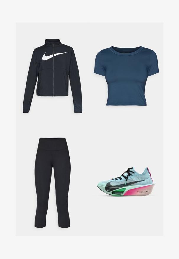 Czarna bluza sportowa na zamek błyskawiczny z wysokim kołnierzem, długimi rękawami i dużym białym logo Nike na klatce piersiowej.; Granatowa krótka koszulka z gładkiego, elastycznego materiału. Posiada okrągły dekolt oraz krótkie rękawy z prostymi detalami szycia.; Czarne, krótkie legginsy wykonane z elastycznego materiału, z wysokim stanem i gładką strukturą, bez widocznych wzorów czy elementów metalowych.; Buty biegowe Nike z jasnoniebieskim dzianinowym wierzchem, czarnymi akcentami, zieloną podeszwą środkową AIR ZOOM oraz różowo-białą gradientową podeszwą.
