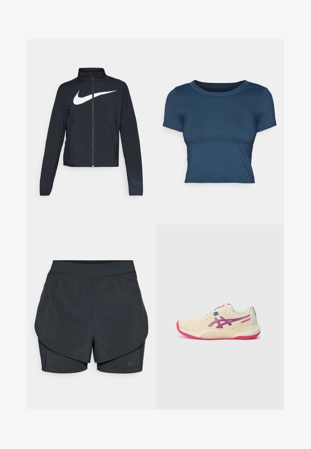 Sort fuld-zip sportsjakke med høj krave, lange ærmer og stort hvidt Nike swoosh-logo på brystet.; Marineblå cropped t-shirt lavet af glat, strækbart stof. Har en rund halsudskæring og korte ærmer med enkle syninger.; Sorte atletiske shorts med et lagdelt design, der har et glat yderlag og tætsiddende indershorts. Lavet af letvægts, strækbart stof.; Cremefarvet sportsko med en lyserød sål, blå og lilla accenter, perforeret overdel og design med rund tå.