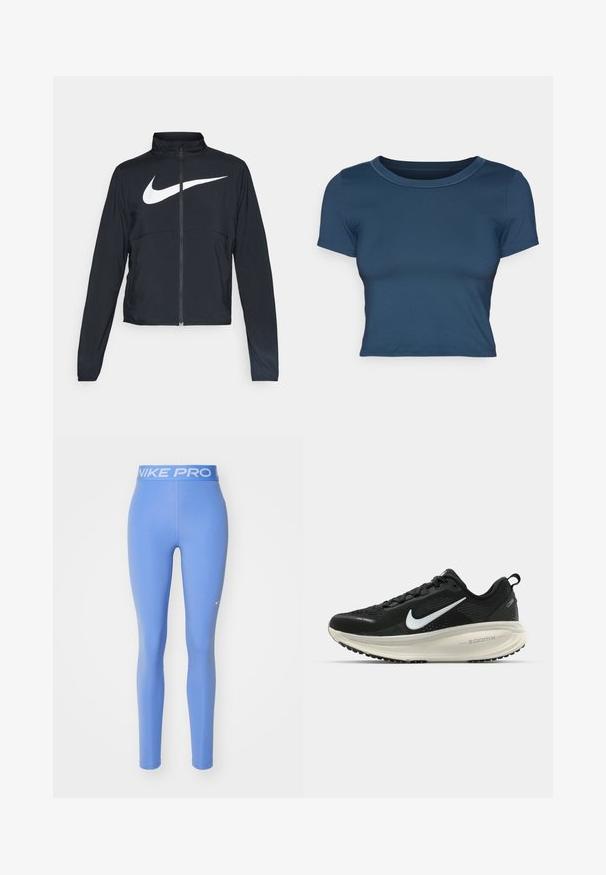 Melnā sporta jaka ar pilnu rāvējslēdzēju, augstu apkakli, garām piedurknēm un lielu baltu Nike swoosh logotipu krūšu daļā.; Jūras zila īsā T-kreklu izgatavota no gludas, elastīgas auduma. Tam ir apaļa kakla izgriezums un īsas piedurknes ar vienkāršiem šūšanas elementiem.; Nike Pro legingi, vienkrāsaini gaiši zili, elastīga josta ar baltu "NIKE PRO" tekstu, gluda tekstūra, pieguļošs dizains.; Melnas Nike skriešanas kurpes ar elpojošu acs augšdaļu, baltu Swoosh logotipu, strukturētu apdari un krēmkrāsas ZoomX starpsole.