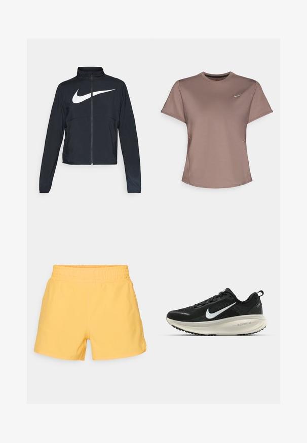 Must musta täispikk vary hoodie kõrge krae, pikad varrukad ja suur valge Nike swooshi logo rinnal.; Pruun sportlik t-särk ümarate kaeluste, lühikeste varrukate ja peente külgslittidega. Rinnal on väike peegelduv Nike logo.; Kollased elastse vööga lühikesed pükstest, millel on sile tekstuur, laheda lõike ja minimalistliku disainiga. Taskud ega kaunistused ei ole nähtavad.; Musthave mustus Nike jooksujalats, millel on hingav võrgust ülemine osa, valge swoosh logo, tekstuuriga detailid ja kreemja värvusega ZoomX vahevöö.