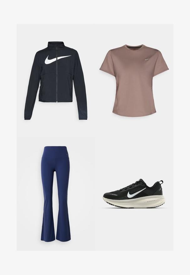 Svart joggebund med hel glidelås, høy krage, lange ermer og stort hvitt Nike swoosh-logo over brystet.; Brun treningst-skjorte med rund hals, korte ermer og subtile splitte detaljer på sidene. Har en liten reflekterende Nike-logo på brystet.; Marineblå bukser med bred fot, høy midje, laget av stretchstoff, med en glatt tekstur og en subtil logoakcent på livet.; Svart Nike løpesko med pustende mesh-overdel, hvit swoosh-logo, teksturert detaljer og en kremfarget ZoomX mellomsåle.