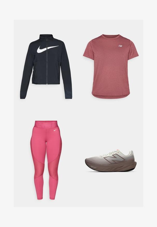 Czarna bluza sportowa na zamek błyskawiczny z wysokim kołnierzem, długimi rękawami i dużym białym logo Nike na klatce piersiowej.; Czerwona koszulka z krótkim rękawem uszyta z oddychającego materiału. Posiada okrągły dekolt oraz logo na górnej lewej stronie. Gładka, lekka struktura.; Różowe legginsy sportowe z szerokim pasem, posiadające teksturowane akcenty i design w panelach, wykonane z gładkiego, elastycznego materiału.; Buty biegowe z gradientowym szarym i brązowym wierzchem, grubą brązową podeszwą oznaczoną "Fresh Foam" oraz logo New Balance z boku.