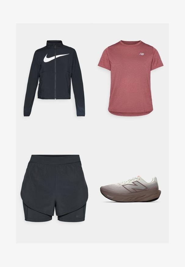 Juodas sportinis džemperis su visiškai užtraukiama užtrauktuku, aukšta apykakle, ilgomis rankovėmis ir dideliu baltu Nike swoosh logotipu per krūtinę.; Raudona trumpomis rankovėmis marškinėliai, pagaminti iš kvėpuojančios medžiagos. Turi apvalų kaklą ir logotipą viršutinėje kairėje pusėje. Lygi, lengva tekstūra.; Juodi sportiniai šortai su sluoksniuota konstrukcija, turintys sklandų išorinį sluoksnį ir prigludusius vidinius šortus. Pagaminti iš lengvos, tamprios medžiagos.; Bėgimo bateliai su gradientiniu pilku ir rudu viršumi, storesne rudą padais su žyma "Fresh Foam" ir New Balance logotipu ant šono.