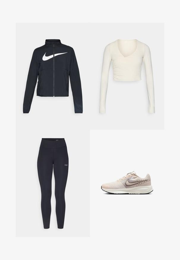 Svart sportjacka med hel dragkedja, hög krage, långa ärmar och stor vit Nike swoosh-logotyp över bröstet.; Långärmad, krämfärgad crop top med v-ringning och samlad sidodetailj, tillverkad av stretchigt tyg för en figurnära look.; Svarta leggings med hög midja, tillverkade av stretchigt material, med en liten vit logotyp på låret och en slät textur.; Ljusrosa löparskor med ett andningsbart meshupp, kontrasterande mörkrosa detalj på swooshen och en dämpad vit mellanläggen.