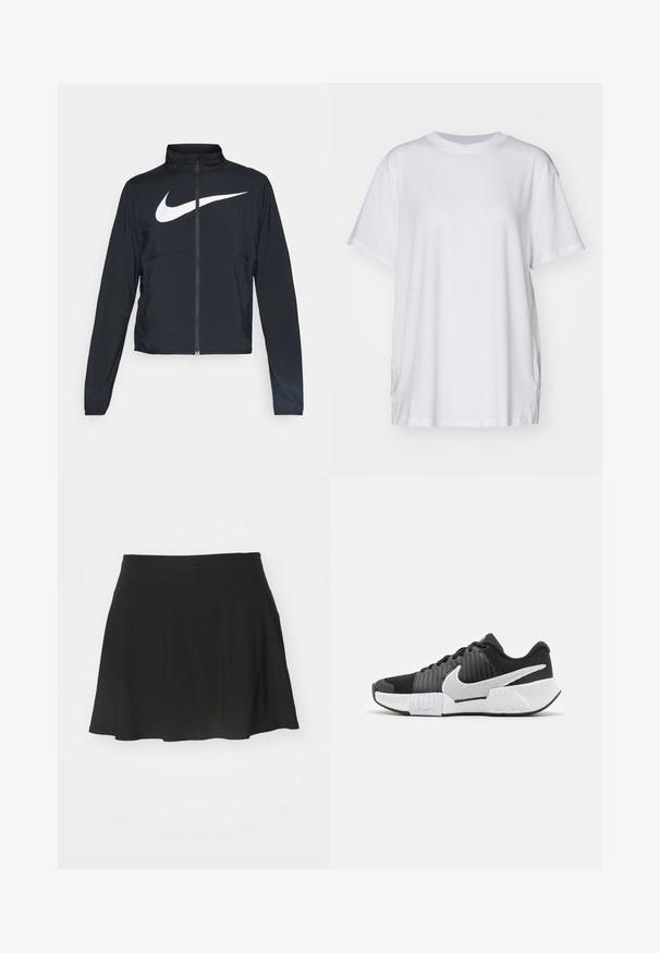 Melnā sporta jaka ar pilnu rāvējslēdzēju, augstu apkakli, garām piedurknēm un lielu baltu Nike swoosh logotipu krūšu daļā.; Balts oversize T-krekls izgatavots no kokvilnas, ar apaļu kakla izgriezumu, īsām piedurknēm un sānu šķelumiem, lai nodrošinātu brīvu piegriezumu. Gluda tekstūra.; Melns skeiteru svārki, kas izgatavoti no mīkstas auduma, ar izplestu dizainu, platām jostām un gludu tekstūru, bez redzamām rakstu vai detaļu. ; Melna un balta sporta apavi ar strukturētu augšdaļu, izteiksmīgu Nike logo un atšķirīgu zoles dizainu, kas uzlabo saķeri un stabilitāti.