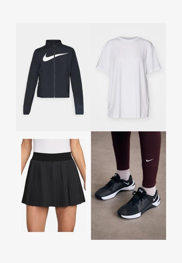 Melnā sporta jaka ar pilnu rāvējslēdzēju, augstu apkakli, garām piedurknēm un lielu baltu Nike swoosh logotipu krūšu daļā.; Balts oversize T-krekls izgatavots no kokvilnas, ar apaļu kakla izgriezumu, īsām piedurknēm un sānu šķelumiem, lai nodrošinātu brīvu piegriezumu. Gluda tekstūra.; Melna plāna svārku ar plašu elastīgu jostu. Izgatavota no gludas auduma, tam ir vertikālas krokas un neliels logo uz apakšmalas.; Melni sporta apavi ar strukturētu virsmu un baltām akcentēm, ar auklām un sānu logo. Nēsāti ar bordo legingiem un gaišām zeķēm.