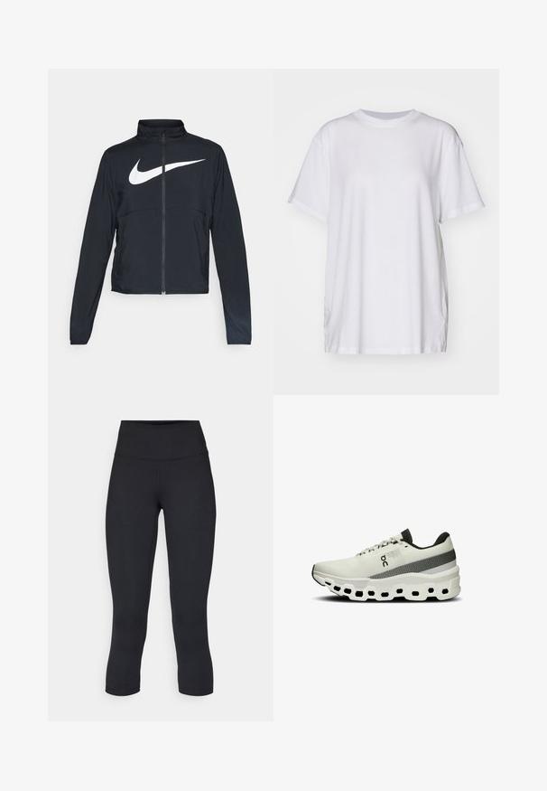 Melnā sporta jaka ar pilnu rāvējslēdzēju, augstu apkakli, garām piedurknēm un lielu baltu Nike swoosh logotipu krūšu daļā.; Balts oversize T-krekls izgatavots no kokvilnas, ar apaļu kakla izgriezumu, īsām piedurknēm un sānu šķelumiem, lai nodrošinātu brīvu piegriezumu. Gluda tekstūra.; Melnas apgrieztas legingi, izgatavoti no elastīga auduma, ar augstu jostasvietu un gludu tekstūru, bez redzamām rakstu vai aksesuāriem.; Baltas sporta apavs ar teksturētu adījumu augšdaļu, pelēku svītru un masīvu, mīkstu zoli, kurai ir sešstūra izgriezumi elastībai.
