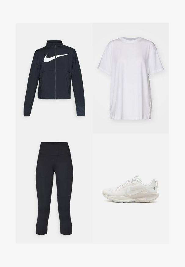 Čierna športová bunda na zips s vysokým golierom, dlhými rukávmi a veľkým bielym logom Nike na hrudi.; Biele oversized tričko vyrobené z bavlny, s okrúhlym výstrihom, krátkymi rukávmi a bočnými rozparkami pre voľný strih. Hladká textúra.; Čierne skrátené legíny vyrobené z elastického materiálu, s vysokým pásom a hladkou textúrou, bez viditeľných vzorov alebo kovania.; Nike Performance REACTX PEGASUS 5 - Trailové bežecké topánky - summit white/sail/light orewood brown