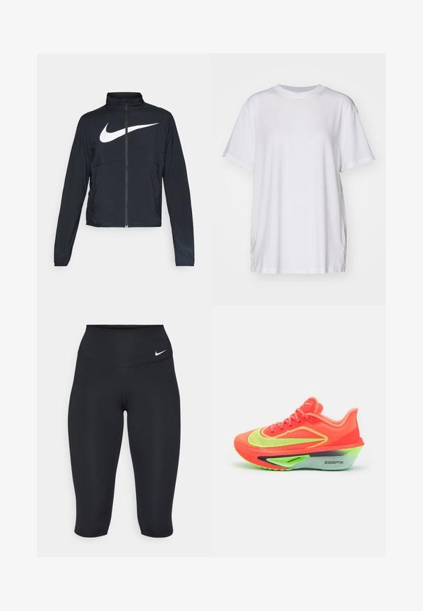 Črna športna jakna z polnim zadrgo, visokim ovratnikom, dolgimi rokavi in velikim belim logotipom Nike swoosh čez prsi.; Bela prevelika majica iz bombaža, s krojem okruglog izreza, kratkimi rukavi in stranskimi razporki za sproščen fit. Gladka tekstura.; Nike črne capri legice imajo visok pas, gladko elastično tkanino in subtilen logotip na sprednji strani.; Neon oranžni tekaški čevelj s presežno mrežasto zgornjimi materiali, poudarjenimi zelenimi detajli in značilno debelo penasto srednjico za blaženje.