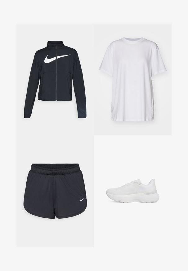 Schwarze Sportjacke mit vollem Reißverschluss, hohem Kragen, langen Ärmeln und großem weißen Nike-Swoosh-Logo auf der Brust.; Weißes, übergroßes T-Shirt aus Baumwolle mit Rundhalsausschnitt, kurzen Ärmeln und seitlichen Schlitzen für eine entspannte Passform. Glatte Textur.; Schwarze Sportshorts mit elastischem Bund, sportlichem Design und weißem Nike-Logo vorne unten. Strukturierter Stoff.; Weiße Sportschuh mit einem strukturierten Mesh-Obermaterial, gepolstertem Kragen, dämpfender Sohle und minimalistischen Design mit tonal abgestimmten Akzenten.