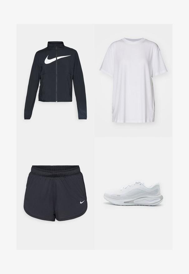 Giacca sportiva nera con zip completa, colletto alto, maniche lunghe e grande logo swoosh bianco Nike sul petto.; T-shirt bianco oversize in cotone, con colletto a girocollo, maniche corte e spacchi laterali per una vestibilità rilassata. Texture liscia.; Pantaloncini sportivi neri con cintura elastica, caratterizzati da un design sportivo e un logo Nike bianco sulla parte anteriore inferiore. Tessuto strutturato.; Nike Performance JOURNEY RUN - Scarpe da corsa su strada - white/pure platinum/metallic silver