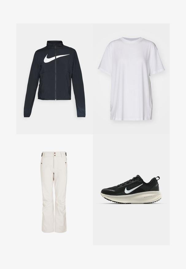 Schwarze Sportjacke mit vollem Reißverschluss, hohem Kragen, langen Ärmeln und großem weißen Nike-Swoosh-Logo auf der Brust.; Weißes, übergroßes T-Shirt aus Baumwolle mit Rundhalsausschnitt, kurzen Ärmeln und seitlichen Schlitzen für eine entspannte Passform. Glatte Textur.; Cremfarbene Skihosen mit glatter Textur, ausgestattet mit zwei Reißverschlusstaschen, zwei vorderen Knöpfen und einem taillierten Design für Wärme und Bewegungsfreiheit.; Schwarzer Nike-Laufschuh mit atmungsaktivem Mesh-Obermaterial, weißem Swoosh-Logo, strukturierten Details und einer cremefarbenen ZoomX-Zwischensohle.